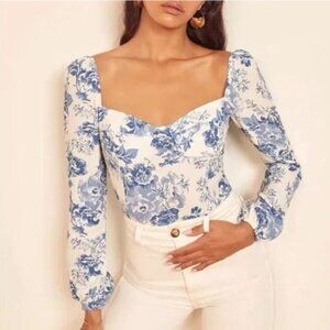 Reformation Reign Top Olympia White Blue Floral Smocked Long Sleeve